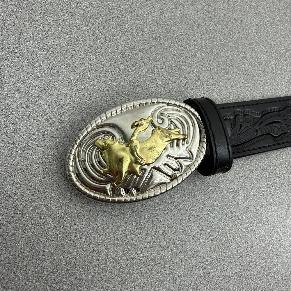 Nocona Belt Kids 24 Black Western Bull Rider Buckle Floral Embossed Leather